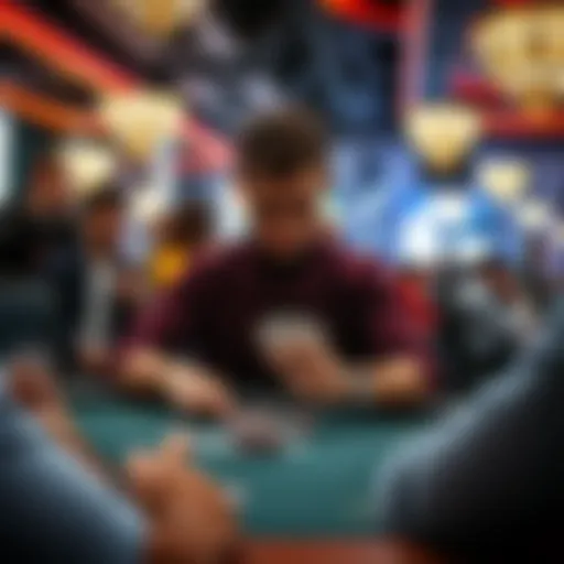 A player focused on poker cards at a live Pot-Limit Omaha table surrounded by chips and excited players.