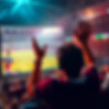 A person cheering while watching a sports game on a screen, with betting slips in hand, displaying excitement for live betting.