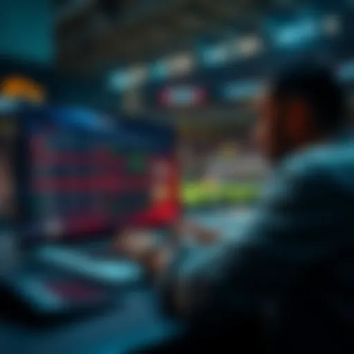 A person analyzing a live sports event on a laptop with betting odds displayed on the screen