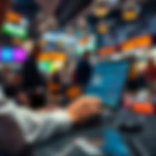 A person analyzing live betting odds on a laptop while placing a bet in a busy sports environment.