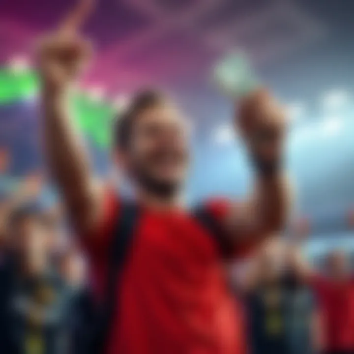 A person celebrating a betting win with cash in hand, showing excitement in a lively setting.