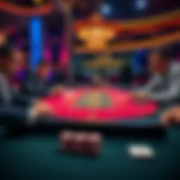 A live blackjack table showing players and a dealer, with chips and cards visible, capturing the tension of the game.
