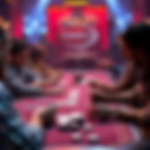 A group of players at a table engaged in a live card game, displaying cards in hand and chips on the table.