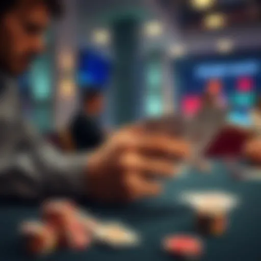 A player analyzing their cards at a poker table during a live cash game, with chips and cards in focus.