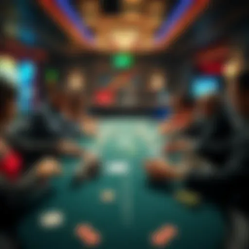 A lively poker table with players at a live casino in Europe, featuring cards and chips on the table.