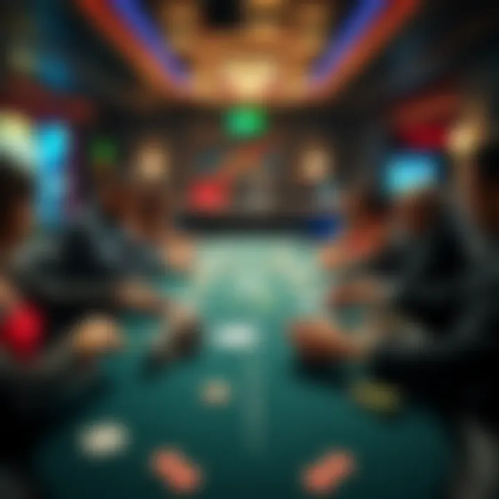 A lively poker table with players at a live casino in Europe, featuring cards and chips on the table.