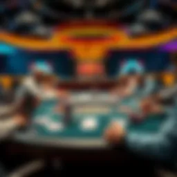 A live casino poker table with players engaging in a 1/2 cash game, showcasing chips and cards on the table.