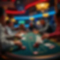 A lively scene at a casino table with players engaged in a game, chips, and cards visible, showcasing the excitement of live gaming.