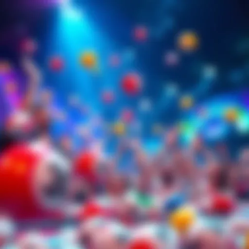 A lively scene of a lottery draw with colorful balls in motion and excited participants watching