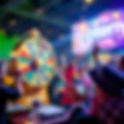 A colorful lottery setup with a spinning wheel and excited people participating.