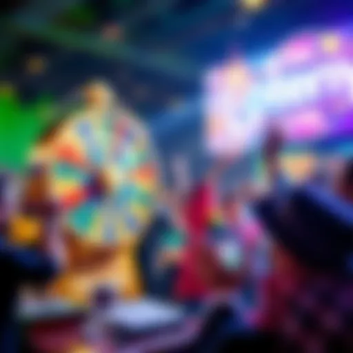 A colorful lottery setup with a spinning wheel and excited people participating.