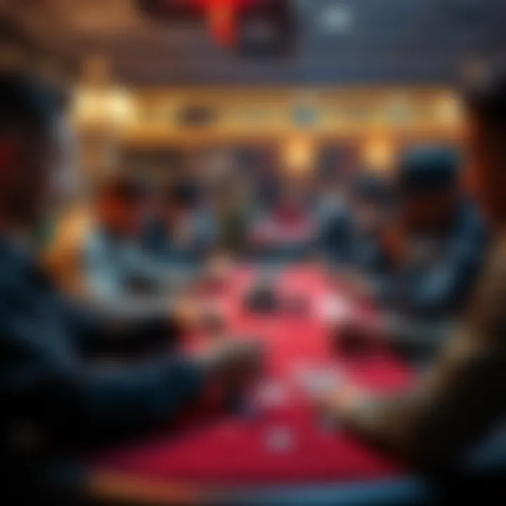 A group of poker players at a table, engaged in a game of cash game poker, with cards and chips visible, creating a vibrant atmosphere for learning and interaction.
