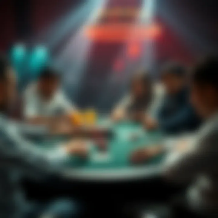 A group of players seated at a poker table, focused on their cards in a live setting, with chips and drinks on the table.