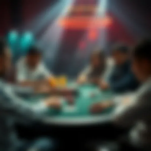Live poker game at a table A group of players seated at a poker table, focused on their cards in a live setting, with chips and drinks on the table.