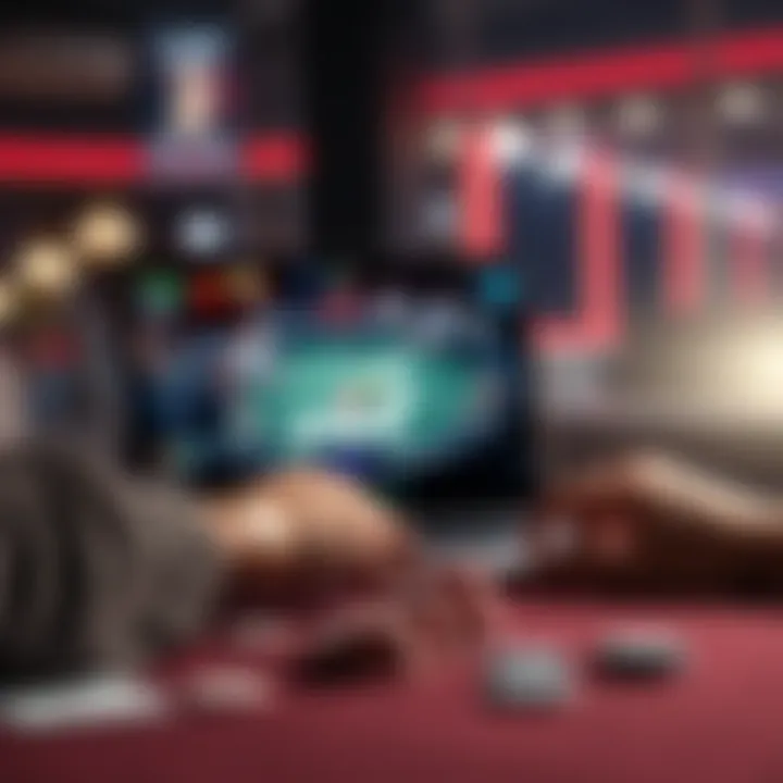 A person streaming a poker game on a laptop with cards and chips on the table