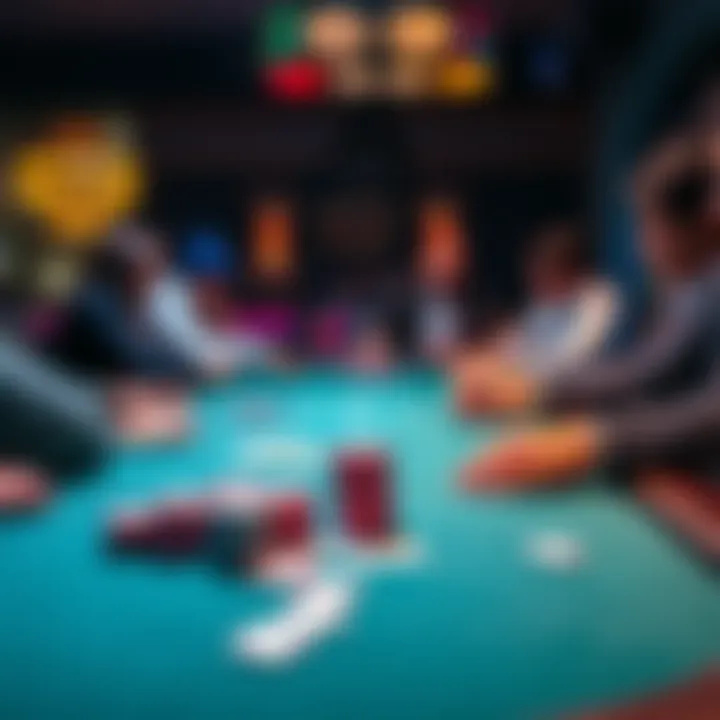 Live Poker Table with Players A lively poker table with players engaged in a game, chips stacked, and cards visible, representing the experience of live poker sessions