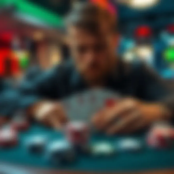 A player contemplating a critical decision in a live poker tournament with K7 of hearts, surrounded by chips and cards on the table, showing a favorable flop.