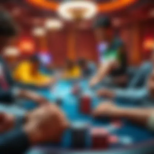 Players competing in a live poker tournament with chips and cards on the table