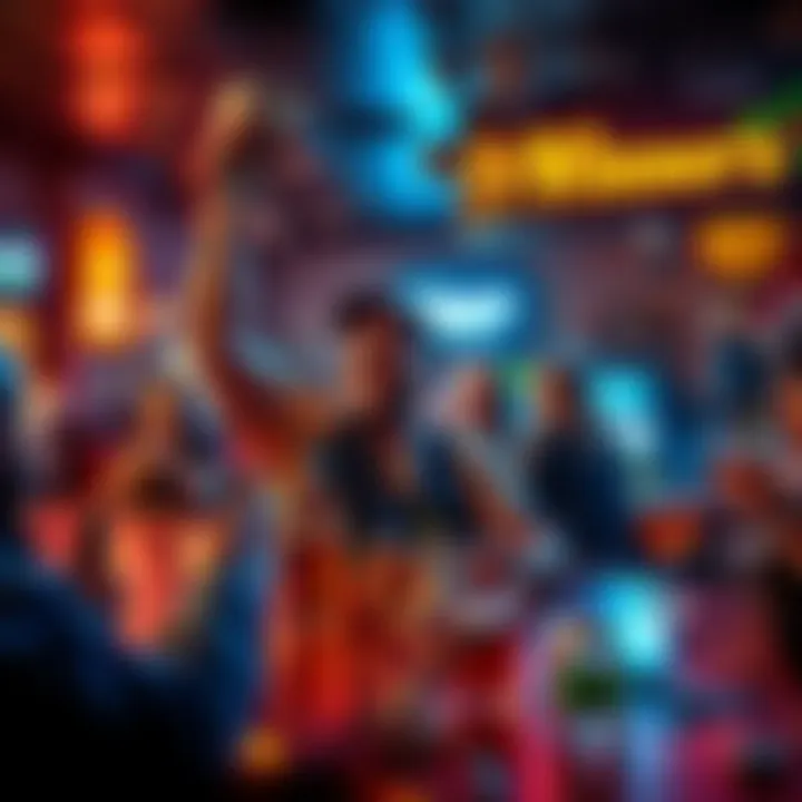 A player celebrating a big win at a bar in West Virginia, holding a cash prize while surrounded by friends and drinks.