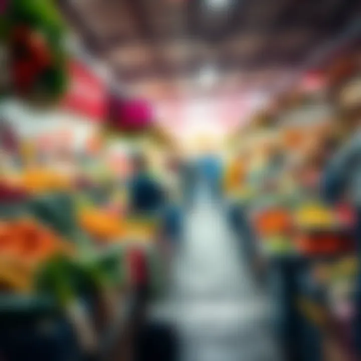 A bustling local market filled with fresh fruits, vegetables, and people shopping.