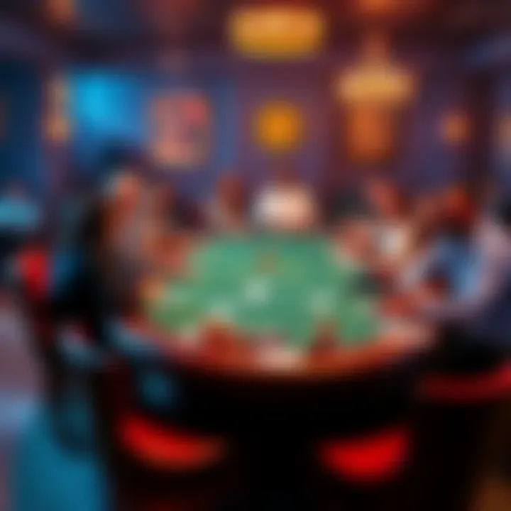 A vibrant poker table setup at the Lodge Card Club with excited players and colorful chips, symbolizing the club's reemergence for the poker community in Texas.