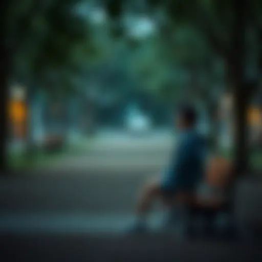 A person sitting alone on a park bench, looking thoughtful and contemplative, surrounded by empty space.