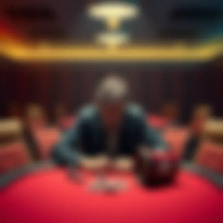 A man sitting alone at a table with a distressed expression, surrounded by empty chairs and gambling chips, symbolizing loss and isolation in gambling addiction.
