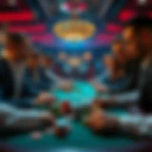 A group of players intensely focused at a casino table, chips and cards in play, showing the excitement of a long gaming session.