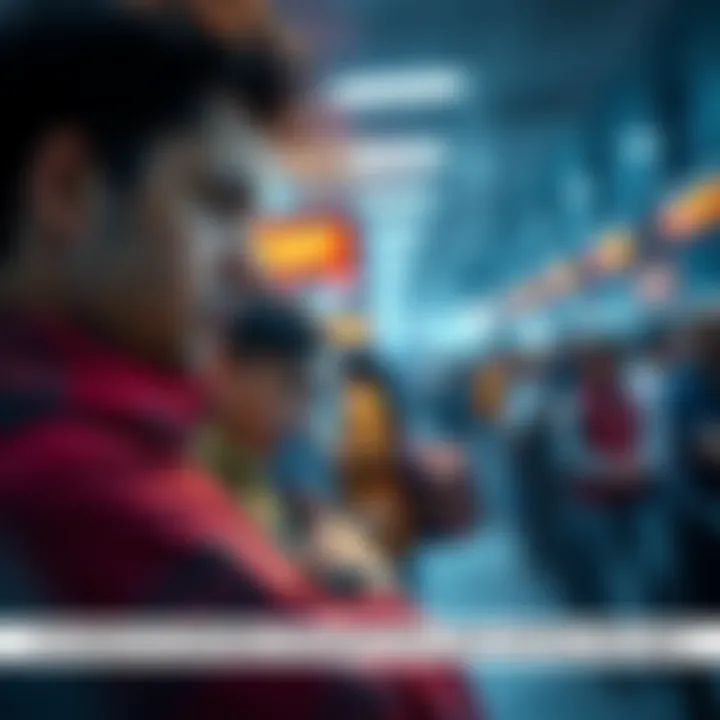 A frustrated person looking at their watch while waiting in line for card redemption services, showing signs of impatience.