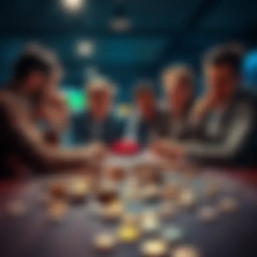 A group of people discussing a unique betting idea with loose coins on a table, showing enthusiasm and engagement.