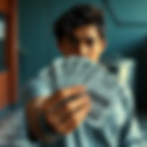 A person looking disappointed while holding multiple losing lottery tickets in their hand, with a trash bin in the background ready for disposal.