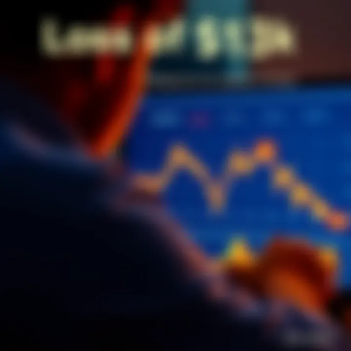 Loss of $13k A graph showing a steep decline in value, representing a $13k loss from a peak of $18k. A person looks distressed while viewing the graph on a screen.