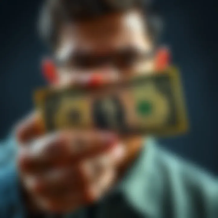 Lost Chance A person holding a dollar bill with a disappointed expression, symbolizing missed financial opportunities and bad luck.