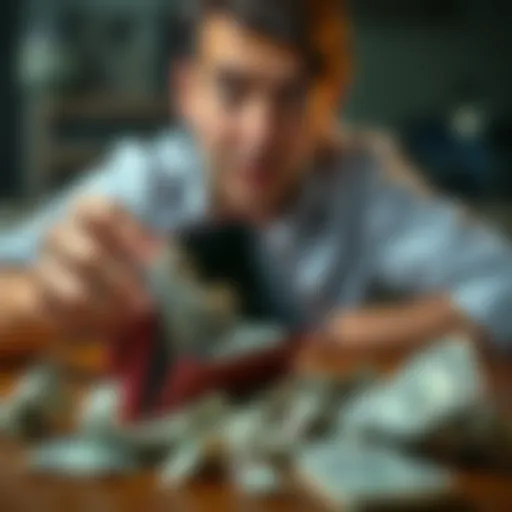 A person looking surprised while holding an empty wallet and crumpled bills on a table, symbolizing lost money.