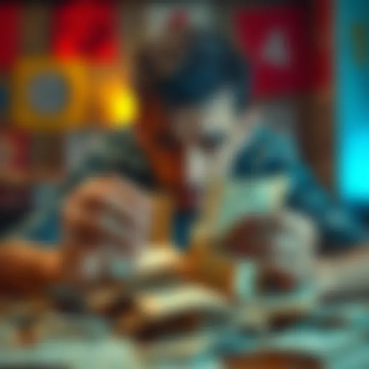 A person looking frustrated while holding losing lottery scratch-off tickets on a table.