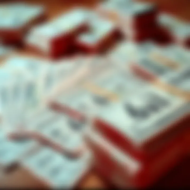 A close-up of lottery tickets spread out on a table with stacks of cash