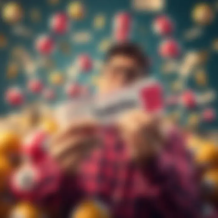 A person holding a lottery ticket, looking excited while surrounded by colorful lottery balls and cash