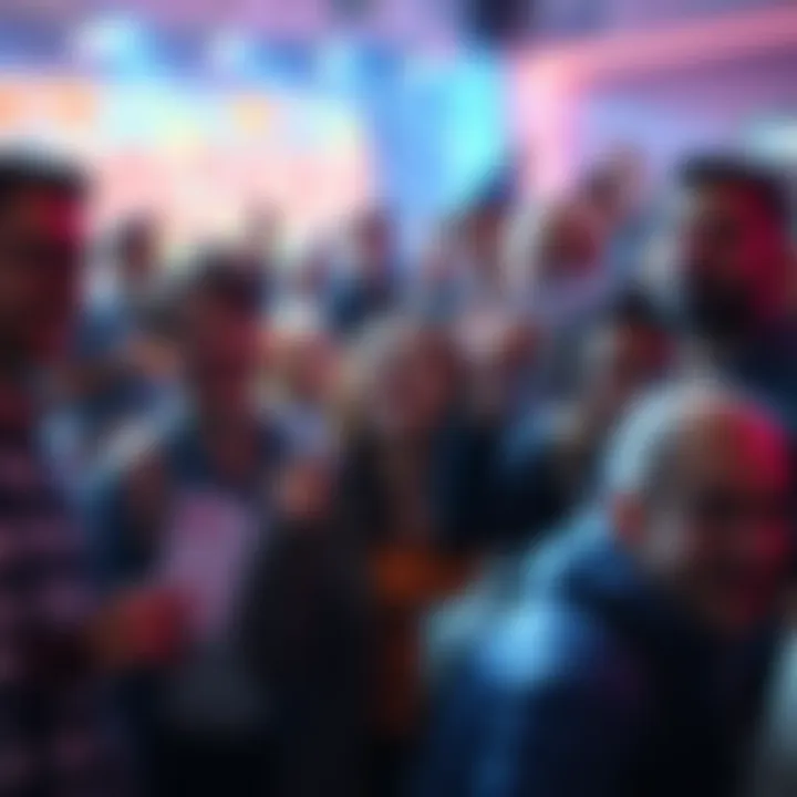 A group of excited people gathered around a lottery draw, holding tickets and looking hopeful