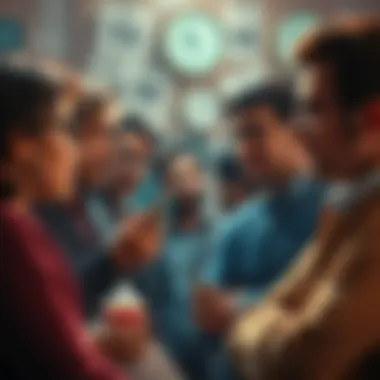 People discussing the lottery drawing date, with expressions of curiosity and anticipation on their faces, surrounded by calendars and clocks.