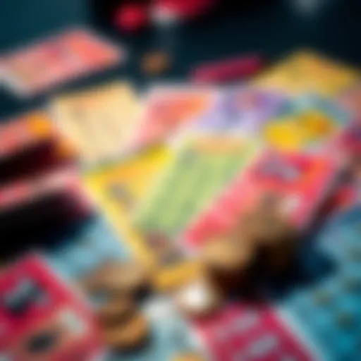 A close-up of colorful lottery scratch-off tickets spread on a table with coins, showing excitement and anticipation.