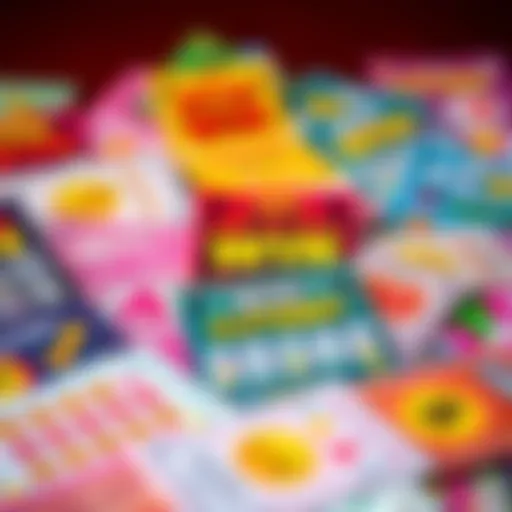 A display of various colorful scratch-off lottery tickets showcasing big win symbols and playful graphics.