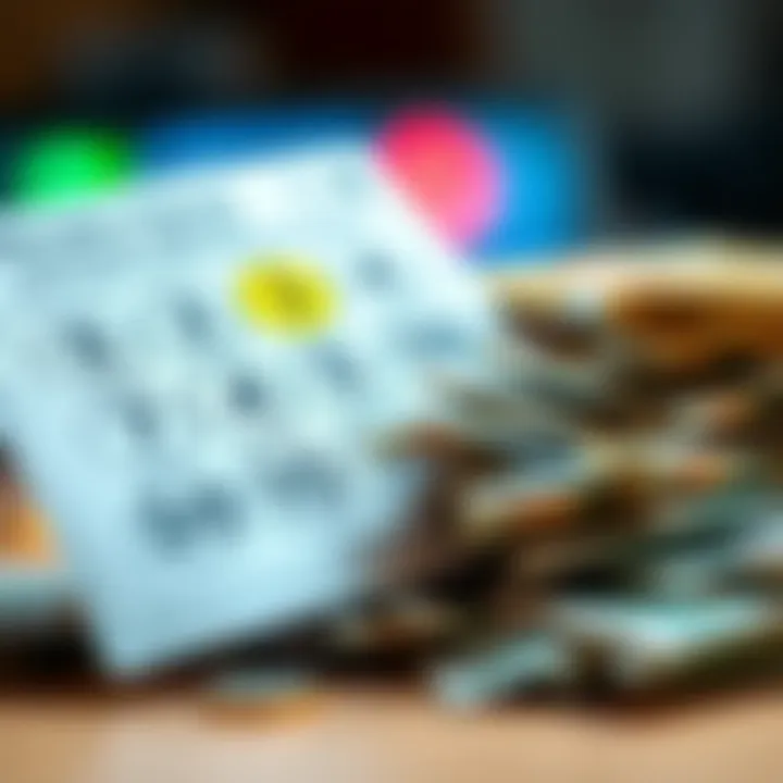 A close-up of a lottery ticket with six numbers highlighted next to a pile of cash, symbolizing potential winnings of $24,000 from a 50-cent bet.