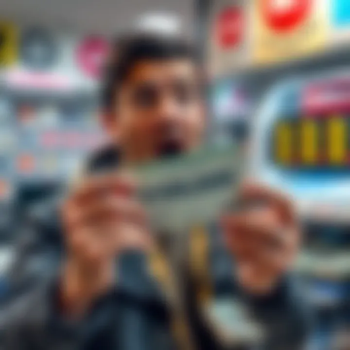 A person holding a lottery ticket with a surprised expression, surrounded by cash and a lottery store in the background