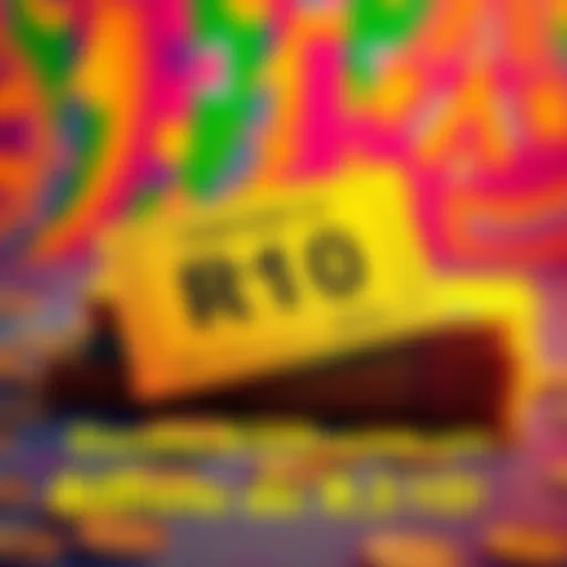 A bright lottery ticket with R$10 printed on it, alongside stacks of cash representing a possible R$200 win, on a colorful background.
