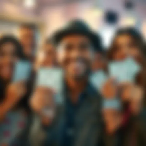 Lottery Ticket Confidence A group of hopeful lottery players holding tickets with smiles, radiating positive energy and optimism about winning.