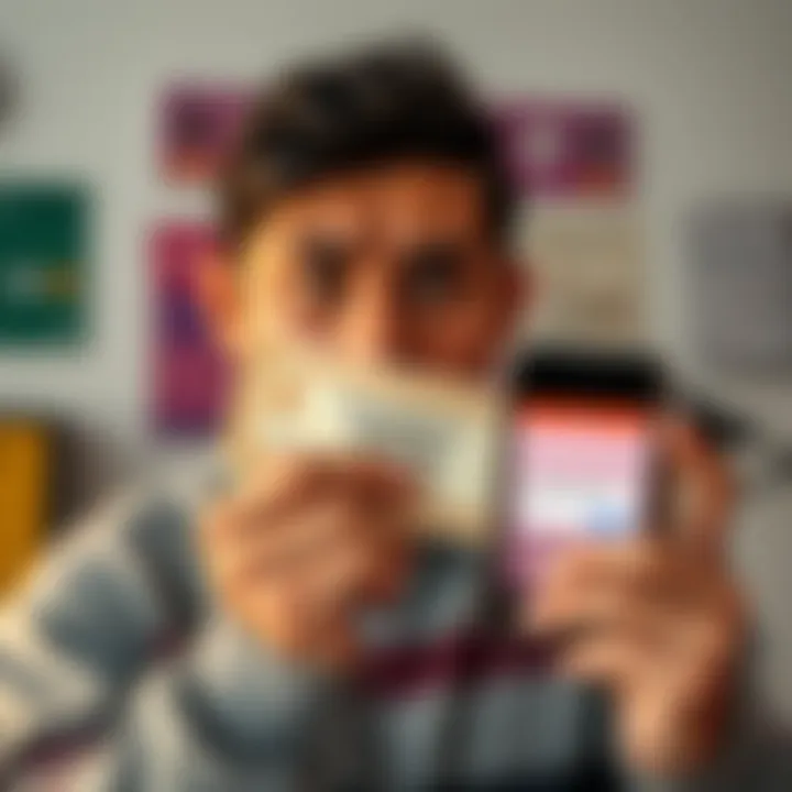 A person looks worried while holding a lottery ticket that appears to be a winner; their phone shows a message indicating it is not a winner.