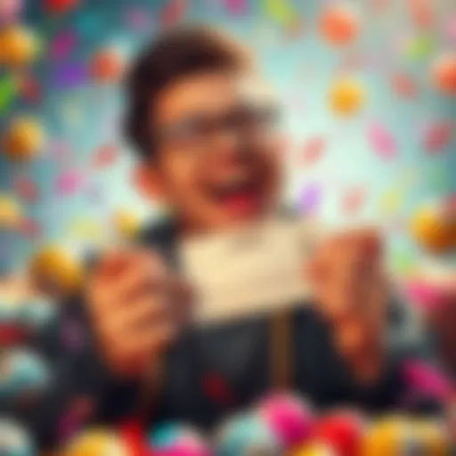 A person holding a lottery ticket with a hopeful expression, surrounded by colorful lottery balls and confetti.