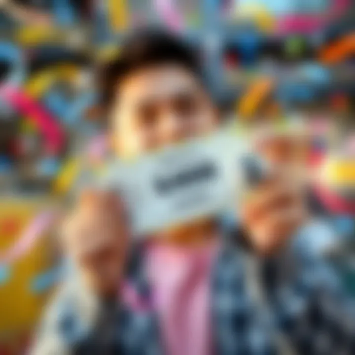 A happy person holding a winning lottery ticket, celebrating their $400 prize, with a big smile and confetti in the background.