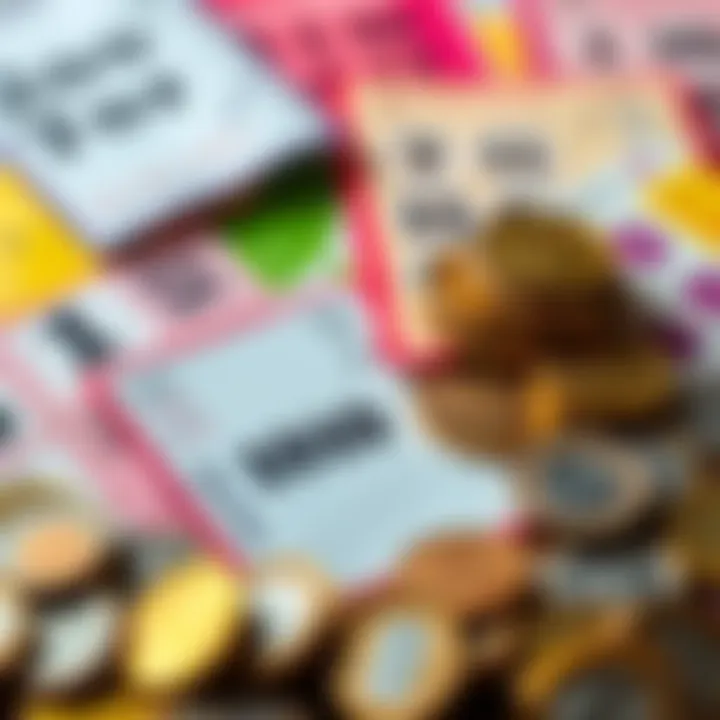 A close-up of colorful lottery tickets spread out next to a pile of coins, symbolizing hope and chance.