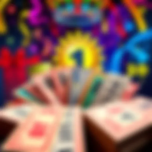 Lottery Tickets and Prizes A collection of colorful lottery tickets displayed with a backdrop of prizes and a winning ticket symbol.